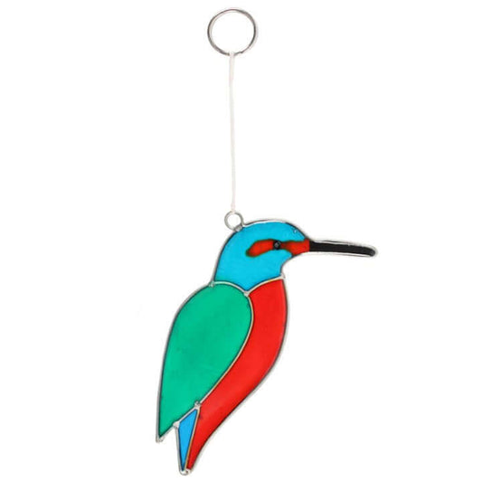 Colorful stained glass hummingbird ornament on a white background