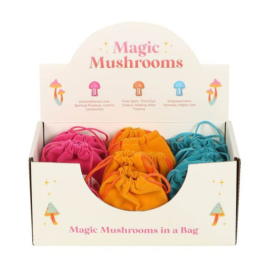 Set of 24 Aura Mushrooms in colorful bags, ideal for gifts and spiritual symbolism.