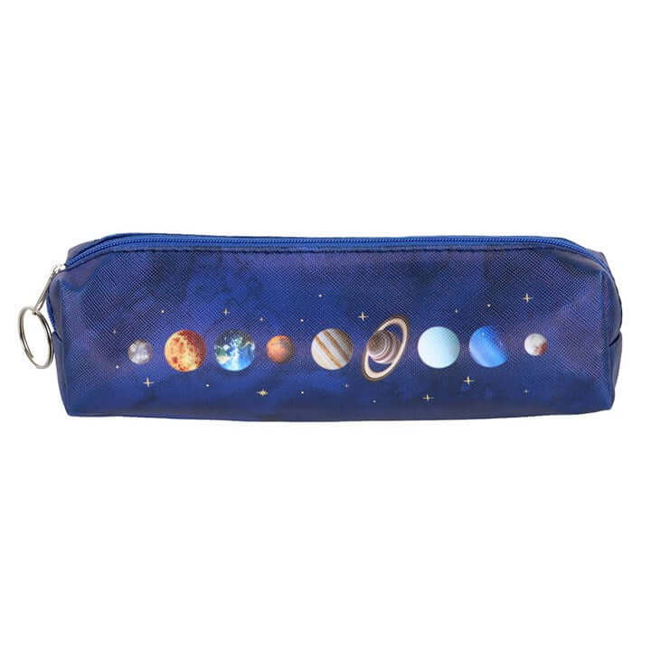 Pencil case with solar system design on a white background