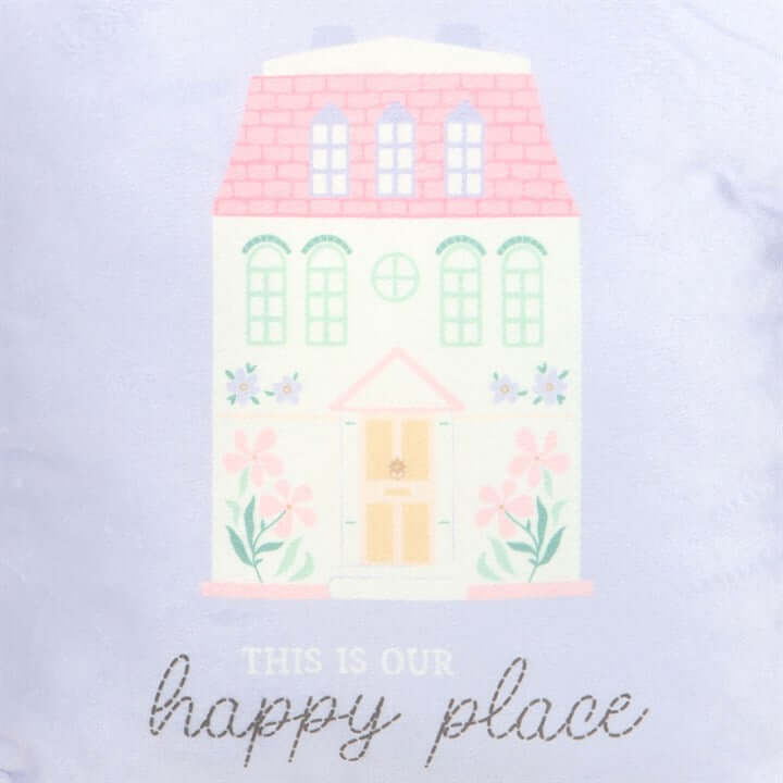 Pastel-colored house illustration with 'This is our happy place' text on a light purple background
