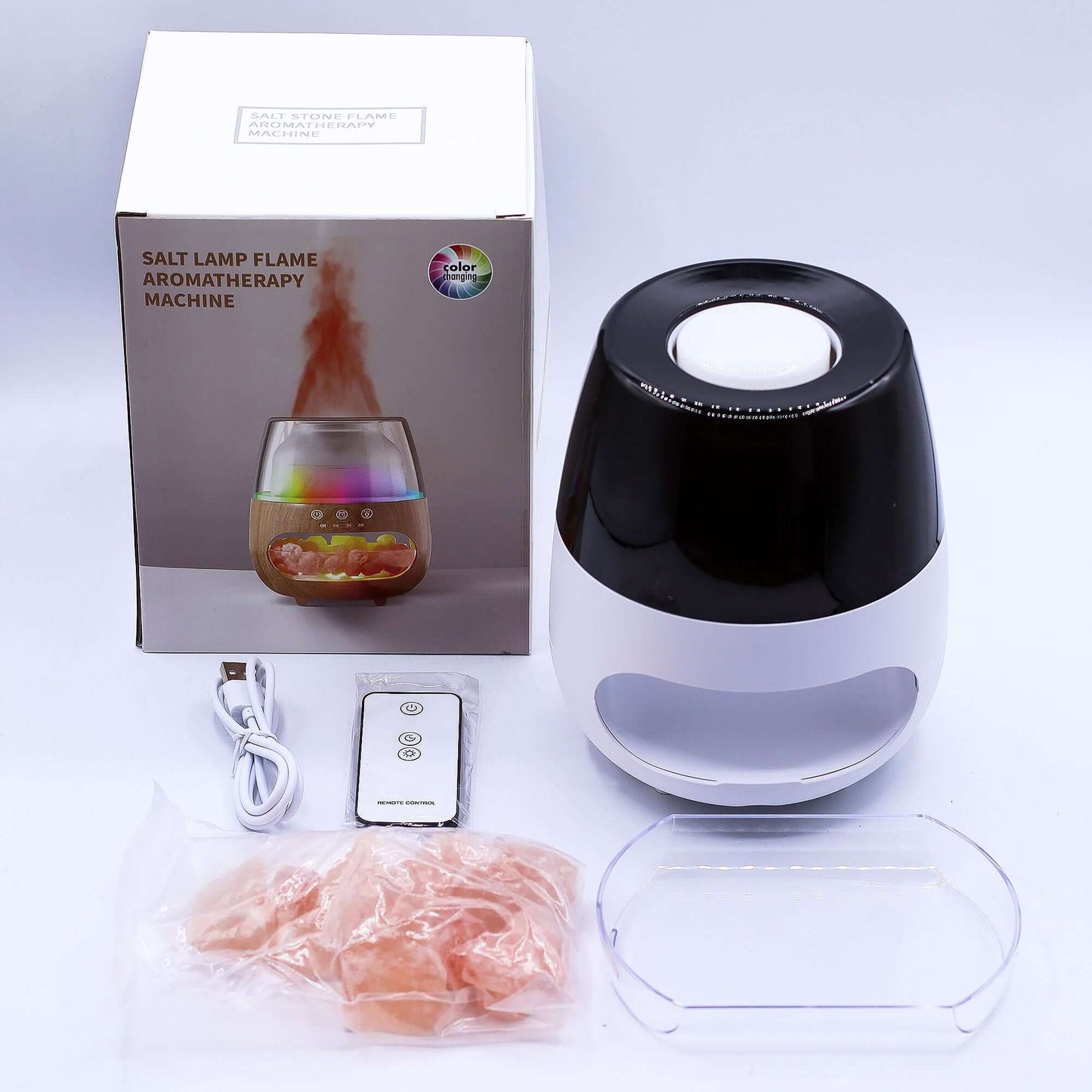 Salt Stone Flame Effect Aroma Diffuser - White USB, features aromatherapy, color change, and timer functionality.