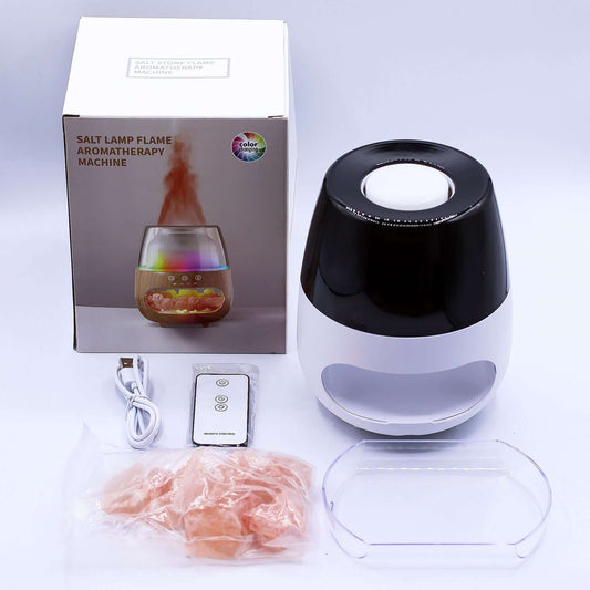 Salt Stone Flame Effect Aroma Diffuser - White USB, features aromatherapy, color change, and timer functionality.