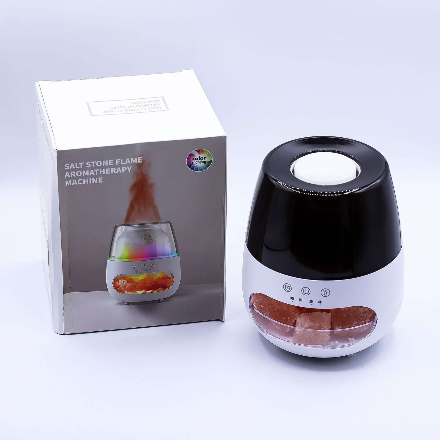 Salt Stone Flame Effect Aroma Diffuser - White USB with Colour Change and Timer features for soothing aromatherapy.