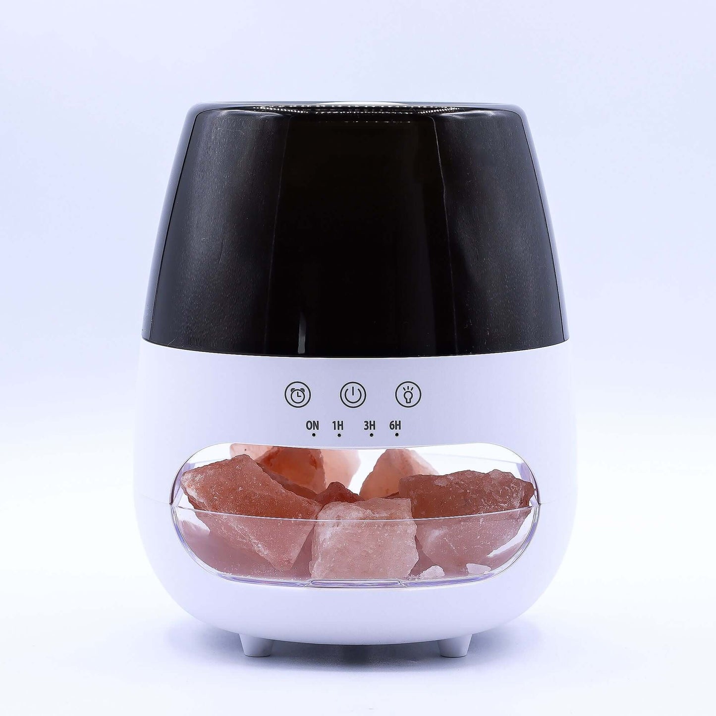 Aroma Diffuser with salt stones, featuring a black top and controls for timer settings.