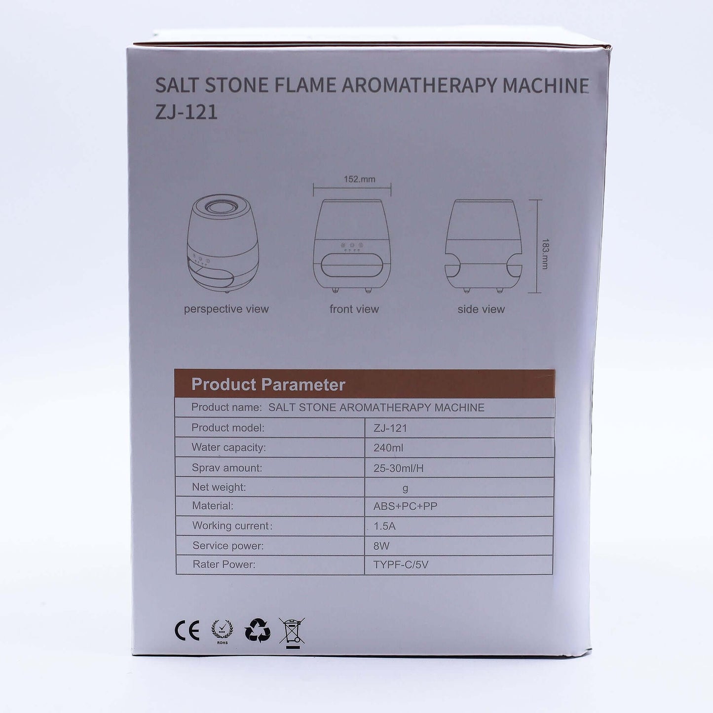 Salt Stone Flame Effect Aroma Diffuser showing front and side views with product specifications.