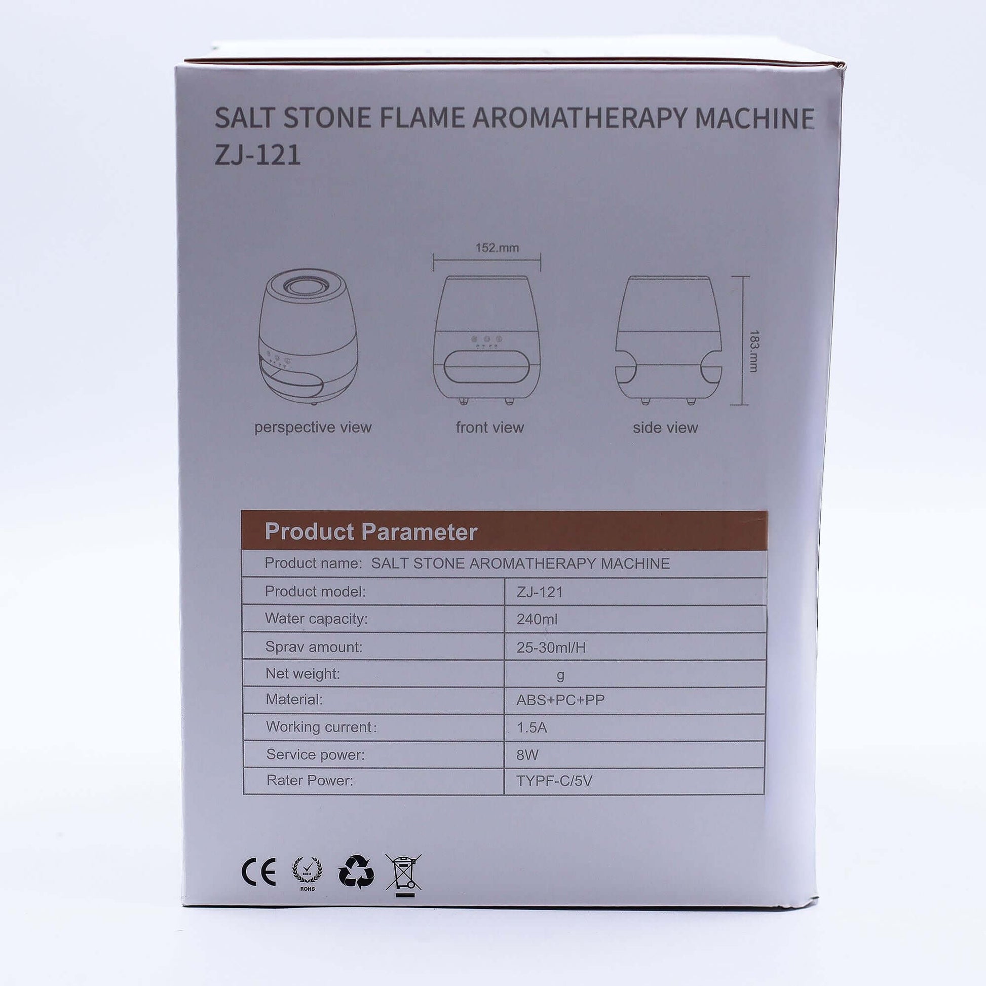 Salt Stone Flame Effect Aroma Diffuser showing front and side views with product specifications.