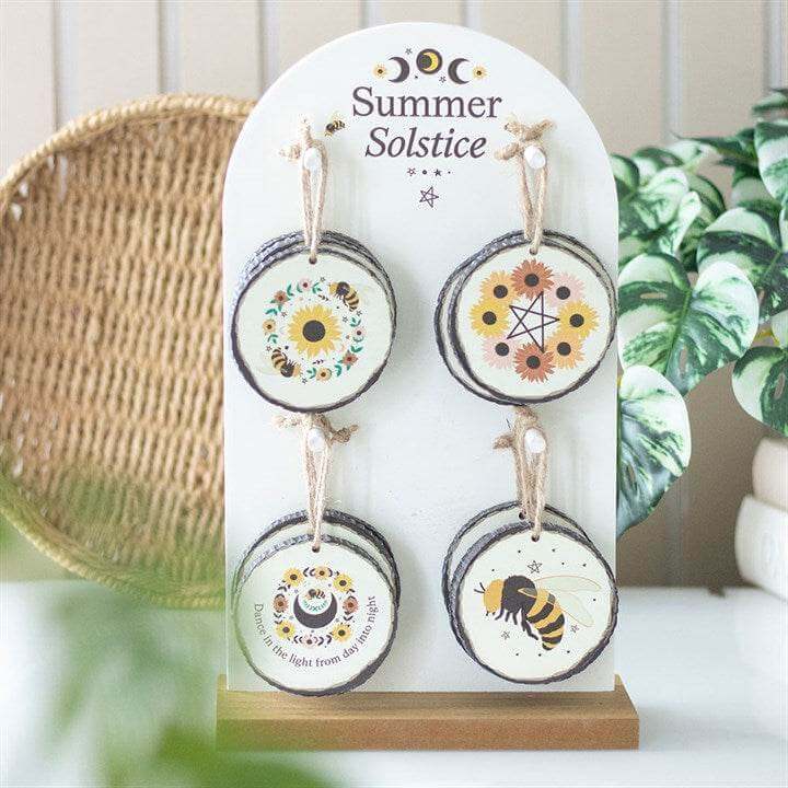 Set of 16 Summer Solstice Wood Slice Hanging Decorations with Display Stand-Sociodigi