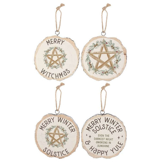 Set of 16 Winter Solstice Hanging Decorations – Pagan & Festive Wood Slice Signs-Sociodigi