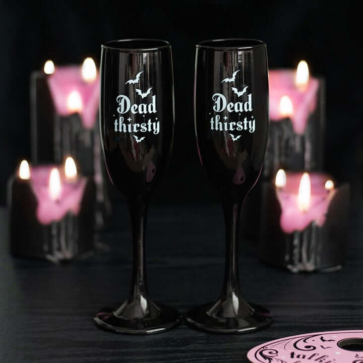 Set of 2 Dead Thirsty Black Champagne Flutes – Gothic Celebration Glassware (300ml)-Sociodigi