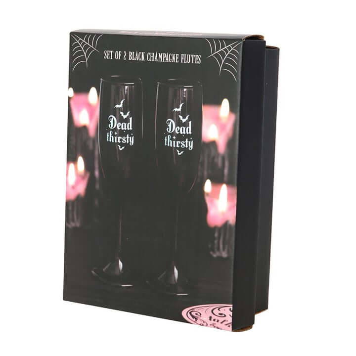 Set of 2 Dead Thirsty Black Champagne Flutes – Gothic Celebration Glassware (300ml)-Sociodigi