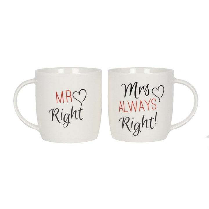 Set of 2 Mr & Mrs Mugs featuring humorous designs, perfect gift for newlyweds.