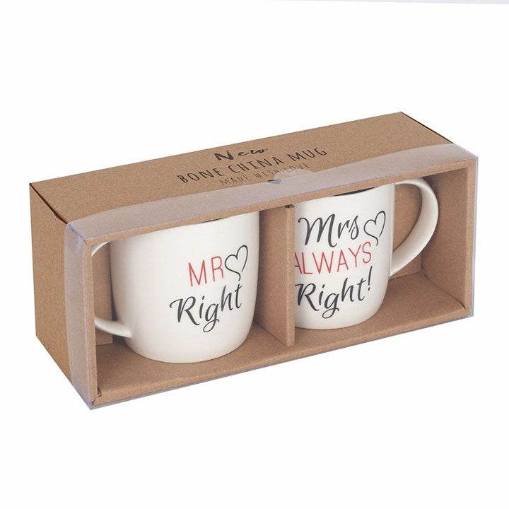 Set of 2 Mr & Mrs Mugs in gift box, ceramic mugs for bride and groom with humorous designs.