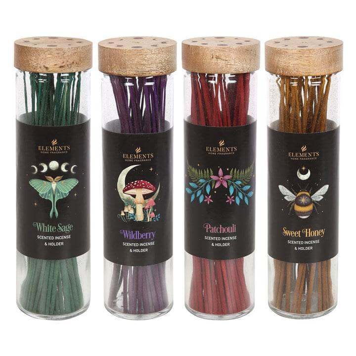 Set of 20 Dark Forest Incense Sticks featuring White Sage, Wildberry, Patchouli, and Sweet Honey fragrances.