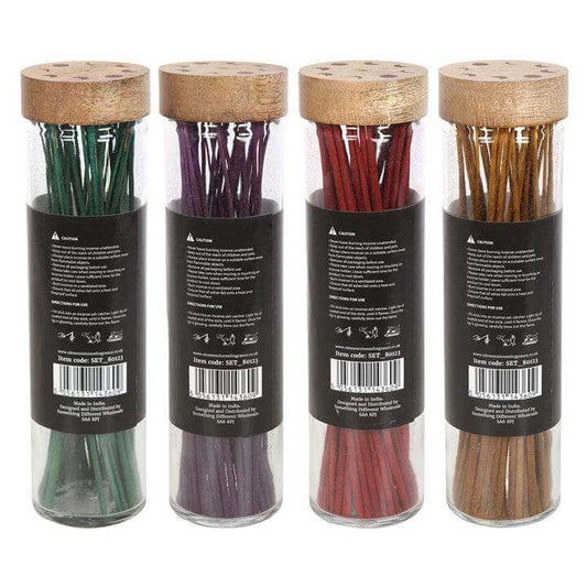 Set of 20 Dark Forest Incense Sticks in colorful tubes with wooden lids, showcasing various fragrances.