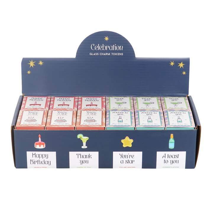 Set of 24 Glass Celebration Charms in Display