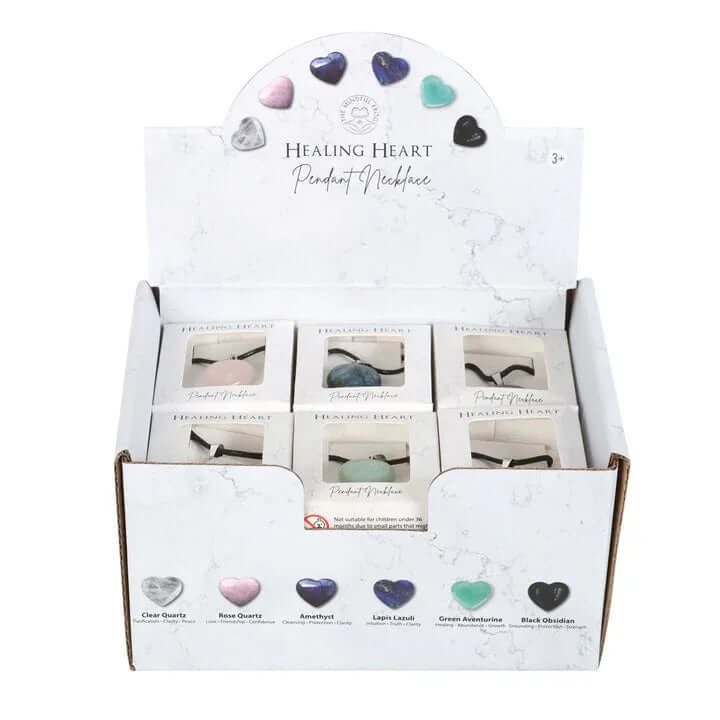 Set of 24 Healing Heart Crystal Necklaces in Display-Sociodigi