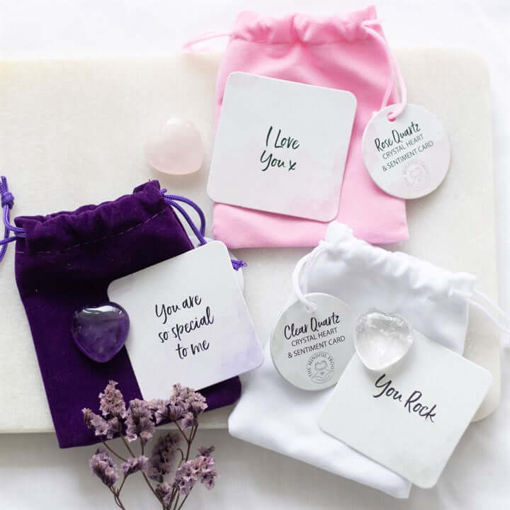 Set of 24 Lucky Crystal Hearts – Amethyst, Clear Quartz & Rose Quartz with Velvet Bags-Sociodigi