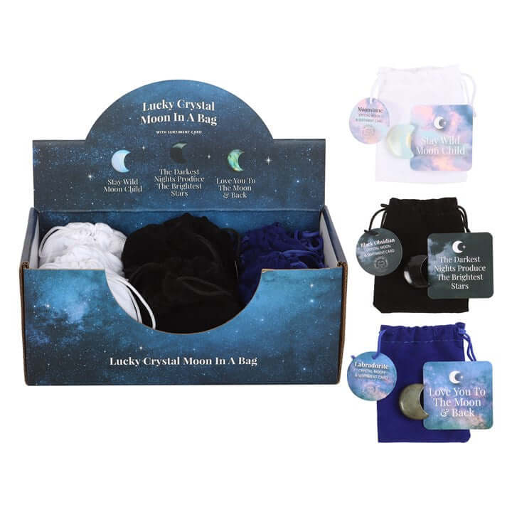 Set of 24 Lucky Crystal Moons – Crescent-Shaped Labradorite, Moonstone & Black Obsidian with Velvet Bags-Sociodigi