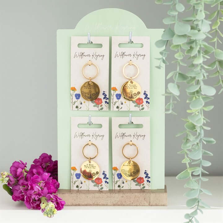Set of 24 Wildflower Keyrings on Display – Gold-Tone Sentimental Keychains for Mum, Nan, Friends & Loved Ones-Sociodigi