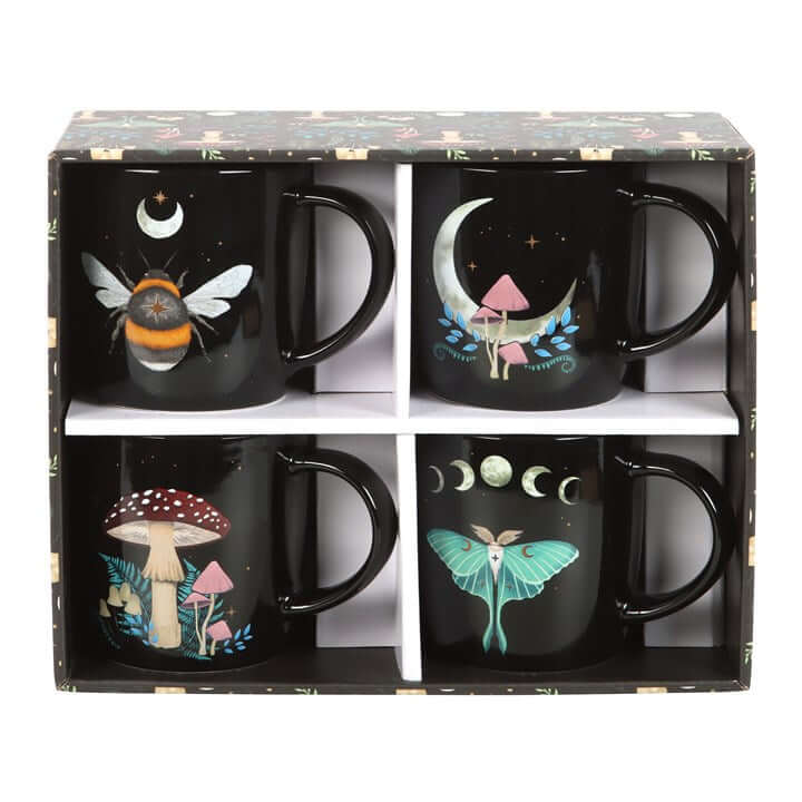 Set of 4 Dark Forest Mugs – Celestial & Woodland Designs, Gift Boxed-Sociodigi