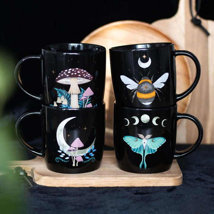 Set of 4 Dark Forest Mugs – Celestial & Woodland Designs, Gift Boxed-Sociodigi