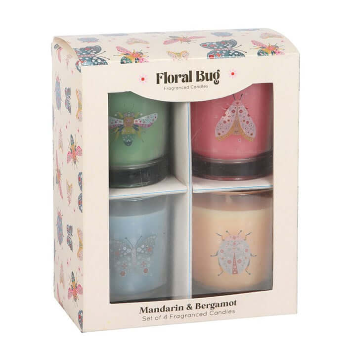 Set of 4 Floral Bug Mandarin & Bergamot Candles Spring Home Décor-Sociodigi