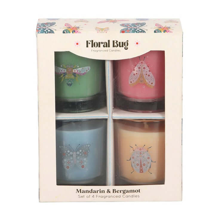 Set of 4 Floral Bug Mandarin & Bergamot Candles Spring Home Décor-Sociodigi