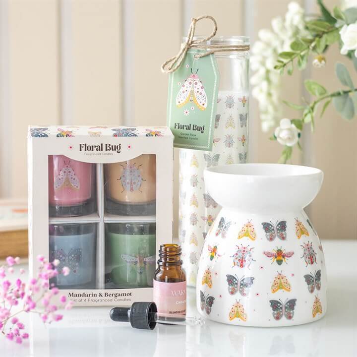 Set of 4 Floral Bug Mandarin & Bergamot Candles Spring Home Décor-Sociodigi