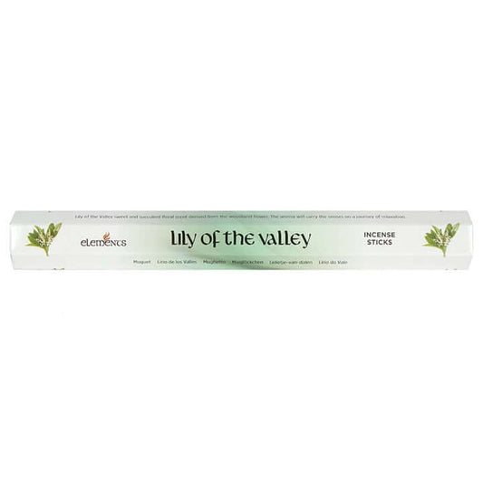 Lily Incense Sticks product packaging by Elements, featuring 'Lily of the Valley' label on incense stick box.