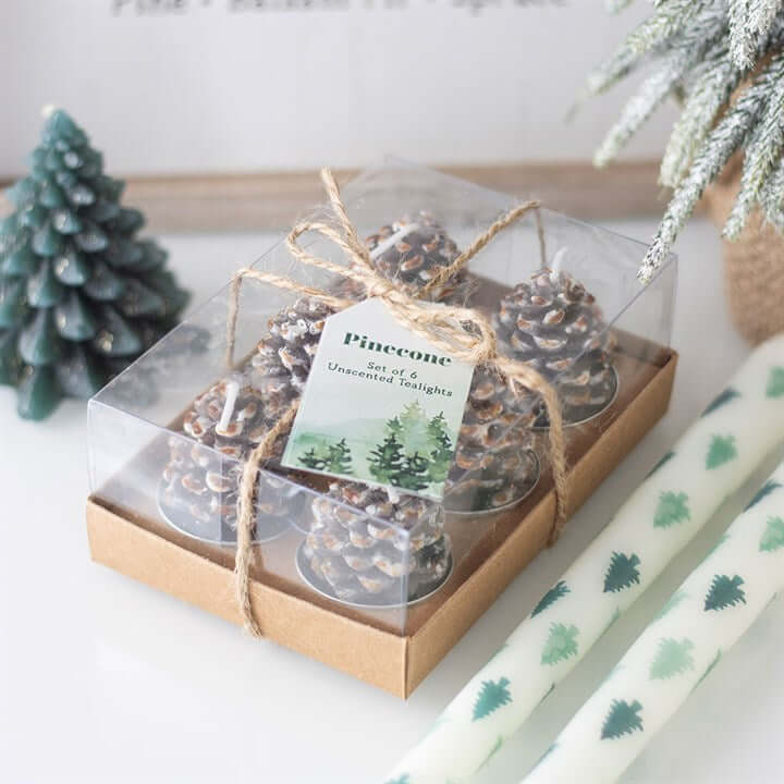 Set of 6 Pinecone Tealight Candles – Woodland Winter Christmas Decor-Sociodigi