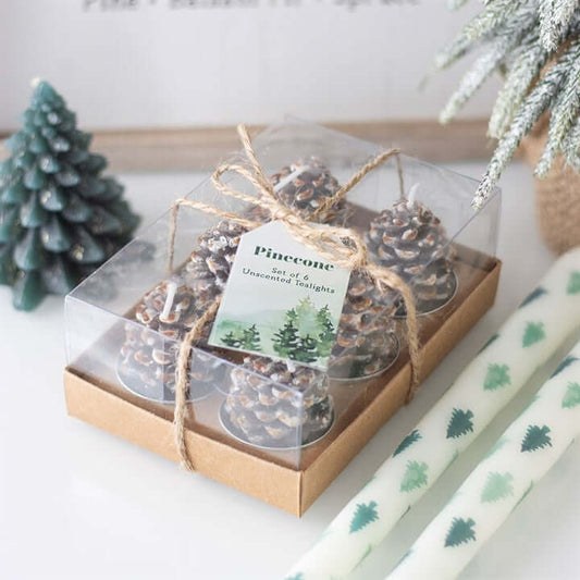 Set of 6 Pinecone Tealight Candles – Woodland Winter Christmas Decor-Sociodigi