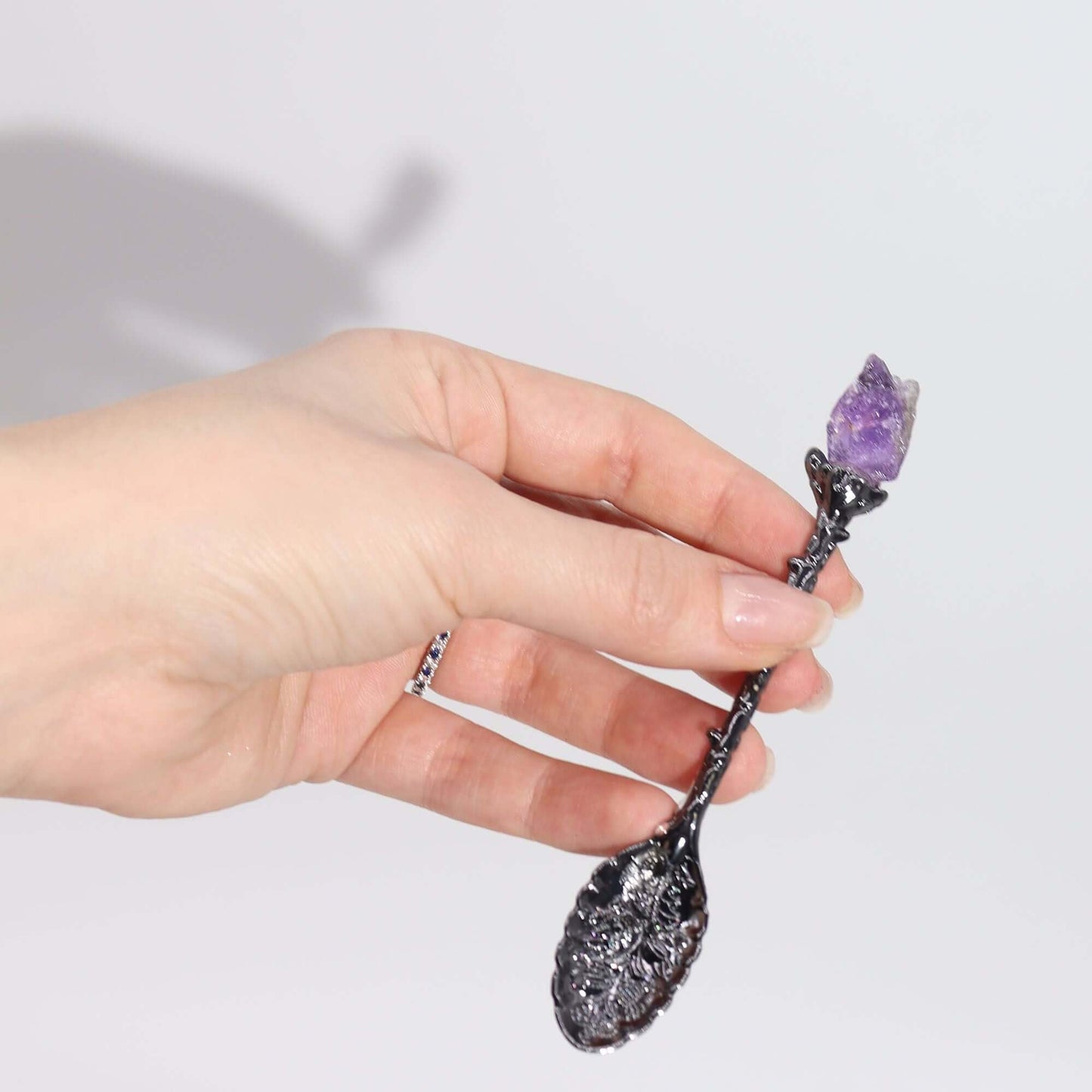 Set of 7 Dark Silver Gemstone Crystal Witch Spoons
