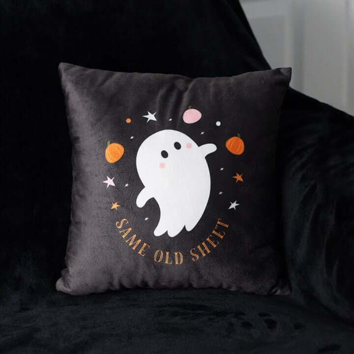 Square "Same Old Sheet" Ghost Cushion – Spooky & Fun Halloween Décor-Sociodigi