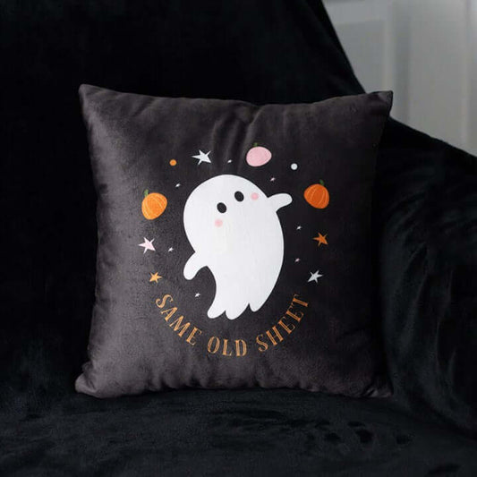Square "Same Old Sheet" Ghost Cushion – Spooky & Fun Halloween Décor-Sociodigi