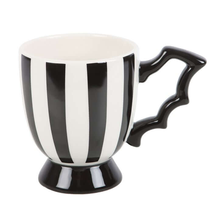 Striped Bat Wing Teacup – Monochrome Gothic Tea Cup with Wing Handle (490ml)-Sociodigi