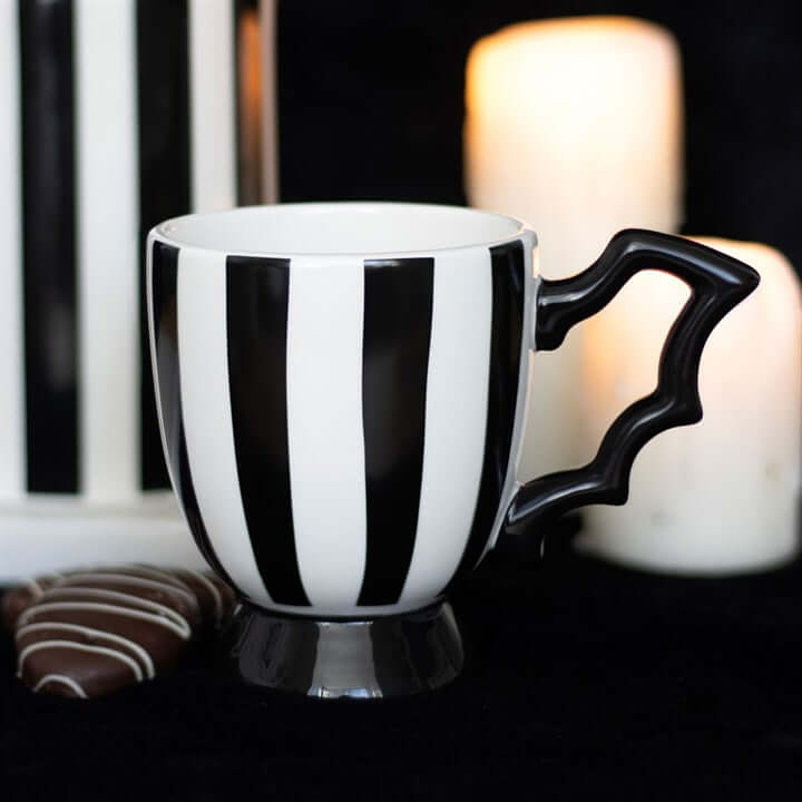 Striped Bat Wing Teacup – Monochrome Gothic Tea Cup with Wing Handle (490ml)-Sociodigi