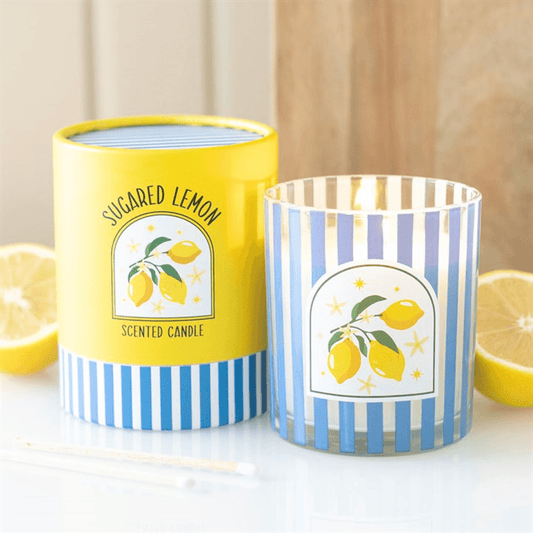 Sugared Lemon Scented Candle In Blue Glass Jar 28 Hour Burn Time