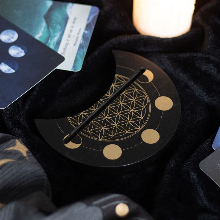 Black Flower of Life Crescent Moon Tarot Card Stand N/A