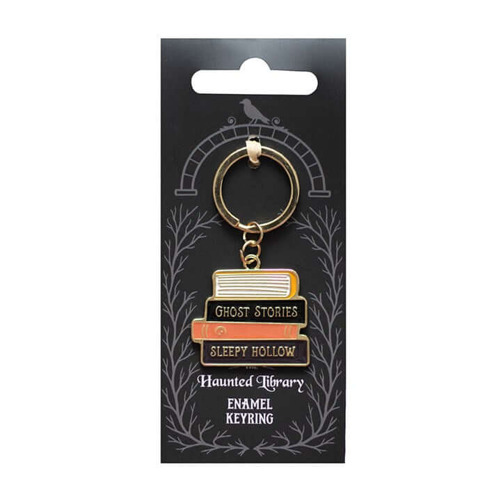Enamel Book Stack Keyring featuring titles like Ghost Stories and Sleepy Hollow from The Haunted Library.