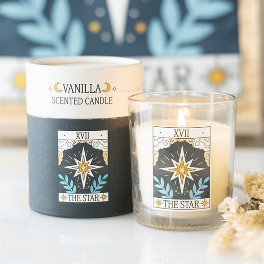Tarot Blueberry Candles featured with a vanilla scented candle, showcasing mystical designs and a warm atmosphere.