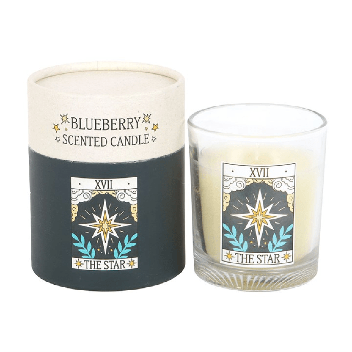 The Star Vintage Tarot Blueberry Candles in a stylish glass jar with a decorative container.