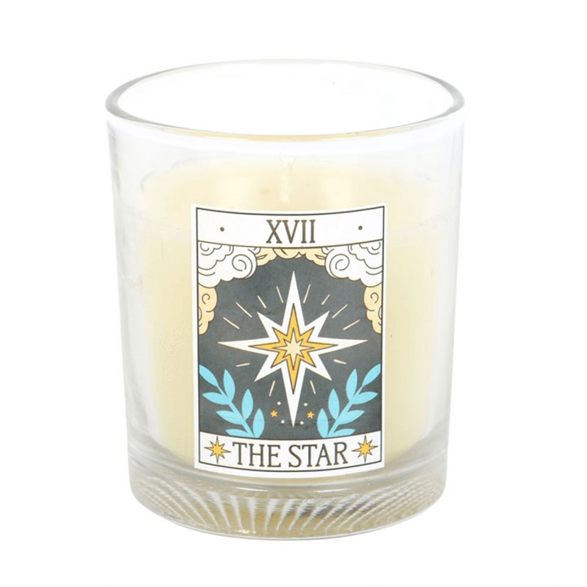 The Star Vintage Tarot Blueberry Candles in a glass jar featuring bright star design and fruit scent for a mystical ambiance.