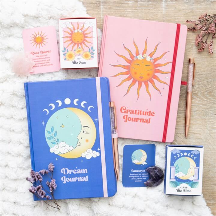 The Sun Gratitude Journal with Rose Quartz Crystal Pen – Mindful Reflection Set-Sociodigi