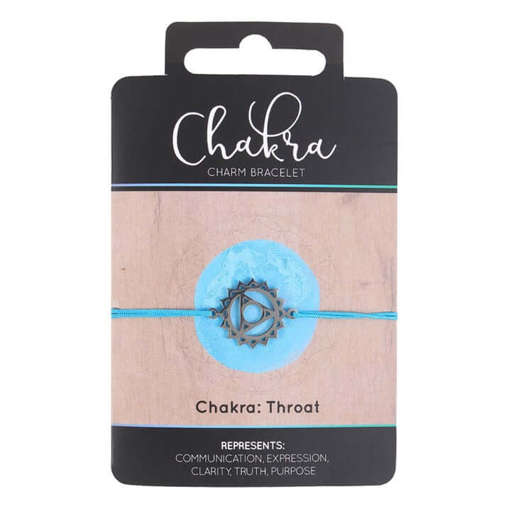 Throat Chakra Charm Bracelet packaging showcasing blue string and metal charm, representing communication and self-expression.