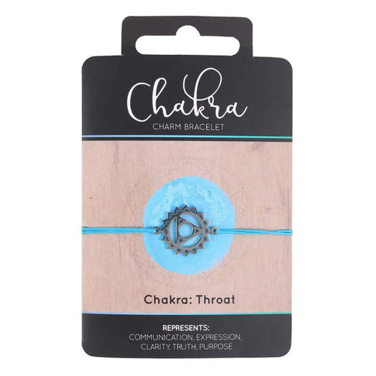 Throat Chakra Charm Bracelet packaging showcasing blue string and metal charm, representing communication and self-expression.