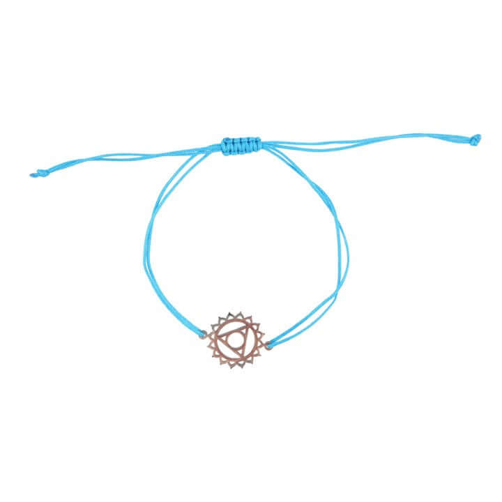 Throat Chakra Charm Bracelet with blue string and metal charm designed for clarity and self-expression.