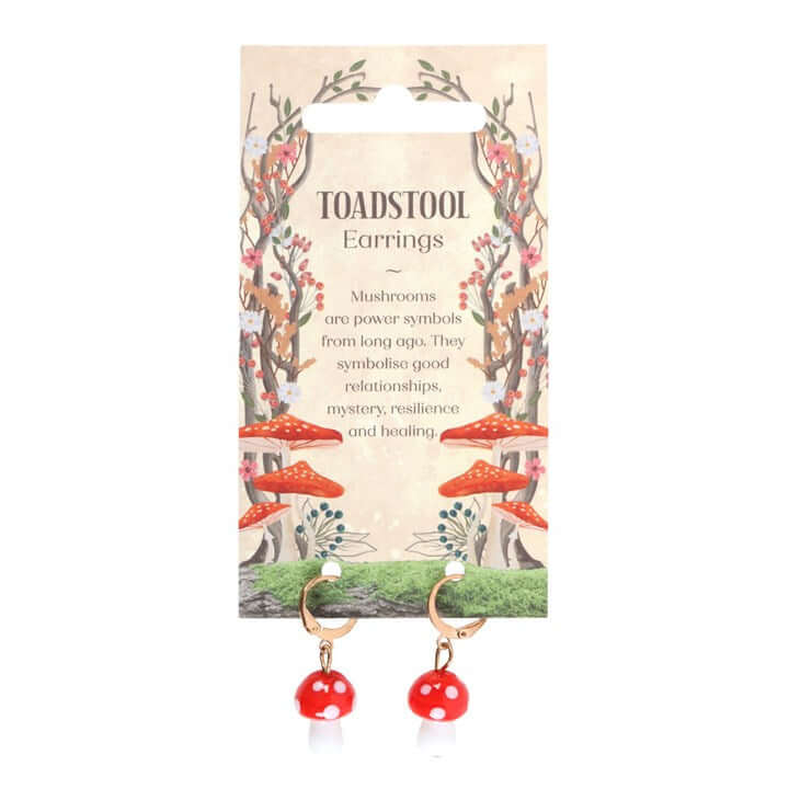 Toadstool Dangle Earrings with red mushroom charms and gold hoop design, showcasing woodland-inspired elegance.