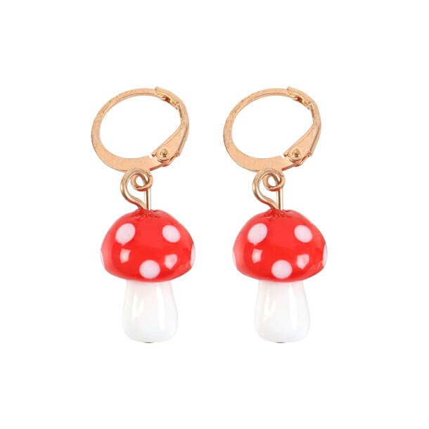 Toadstool Dangle Earrings featuring red mushroom charms on gold hoops, adding a whimsical touch to any outfit.