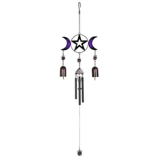 Triple Moon Windchime with Bells in black and purple design, suitable for indoor and outdoor UK decor.