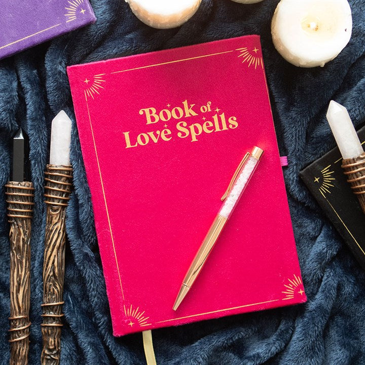 Book of Love Spells Journal with Rose Quartz Crystal Pen – Mystical Journaling Set-Sociodigi